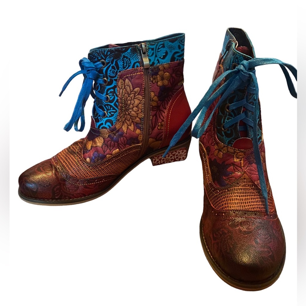 Colorful Embossed Leather Lace Up Boot. Still in box.  Worn once
